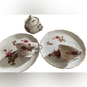 Vintage Japan Moss Rose China Tea Set 6 Piece Cups Saucers Plates